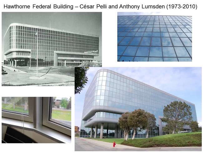 A multistory glass and concrete and steel building from several angles.