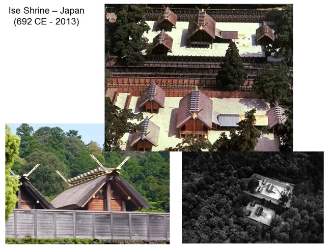 Three images of the Ise Shrine in Japan from different angles.