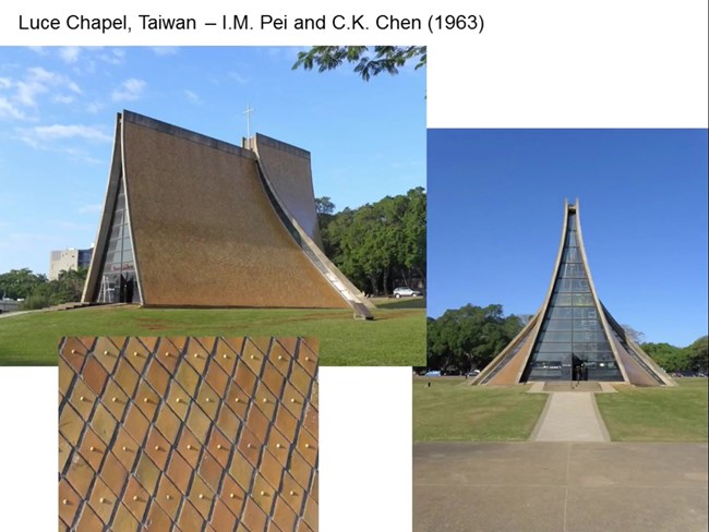 A small, narrow concrete chapel with a high sloping roof made of intricate inlaid tile.