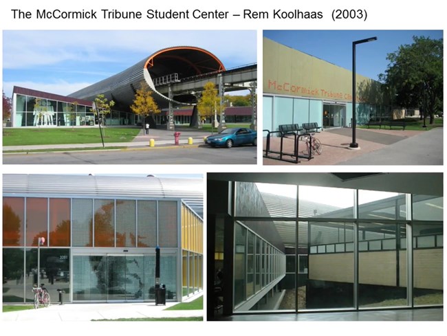 The McCormick Tribune Student Center - Rem Koolhaas (2003) An oblong metal tube swallowing a walkway sits atop two wings of large glass windows with pixel art.