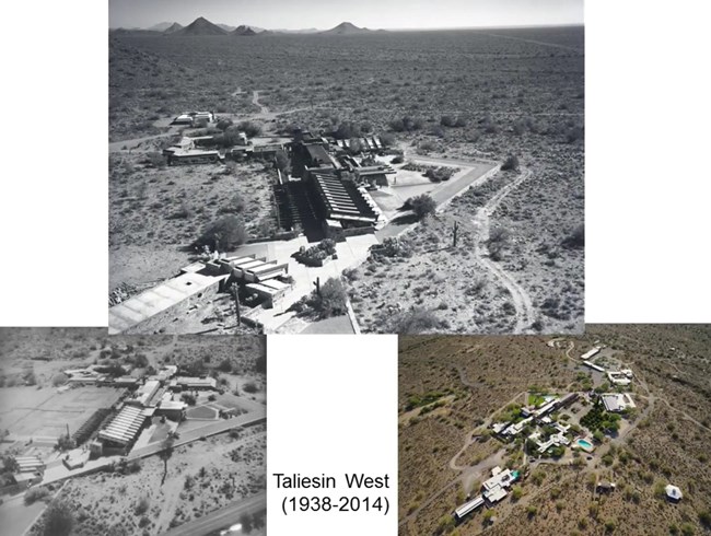 Three overhead images of Taliesin West from different angles and time periods.