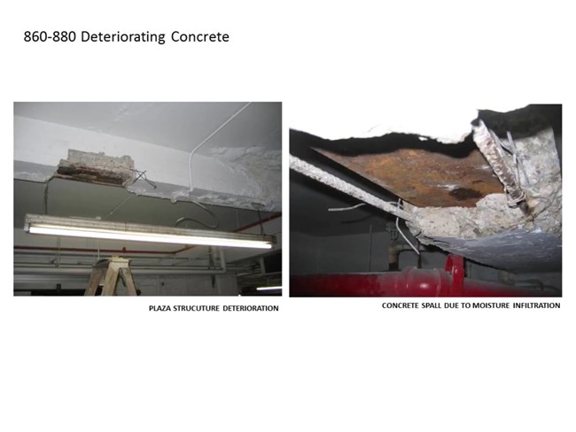 860-880 Deteriorating Concrete Spalling visible in the plaza, concrete breaking down.