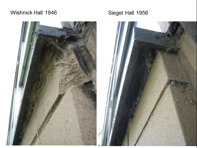 Window sill corrosion on Wishnick Hall and Siegel Hall 1956