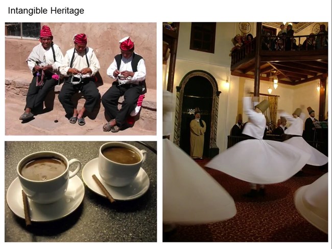 Photos depicting music, dance, and coffee.