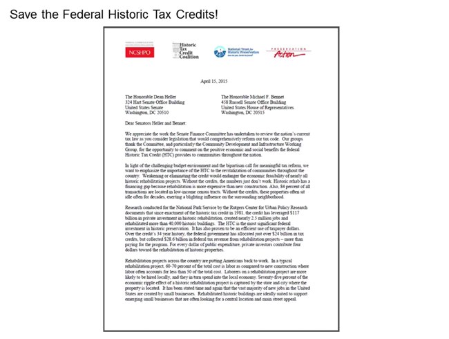 A letter in support of the Federal Historic Tax Credits.