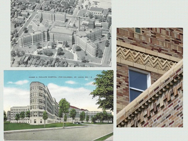 The Homer G. Phillips Hospital, a medical complex designed to serve black health care needs in a segregated St. Louis, arose in the Ville neighborhood to the north. Designed by city architect Albert Ausburg. A large quad-wing multistory brick building with intricate brickwork.