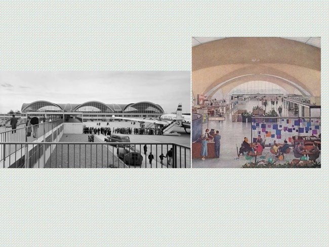 External and internal views of a series of the terminal as three intersecting parabolic vaults.