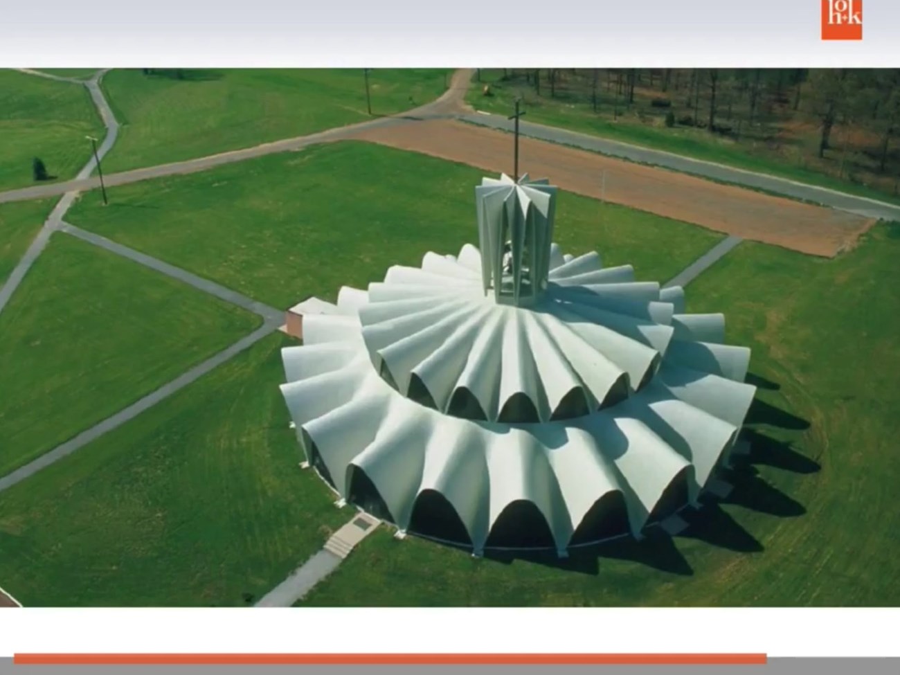 Aerial view of Priory Chapel, St. Louis. Priory Chapel is a multi-level arched thin-shell concrete church.