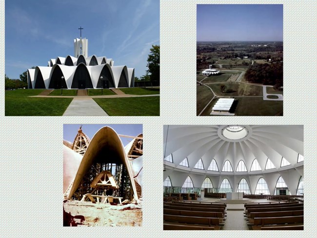 Priory Church consistes of stacked layers of concrete arches resembling a wedding cake, topped with a cross.