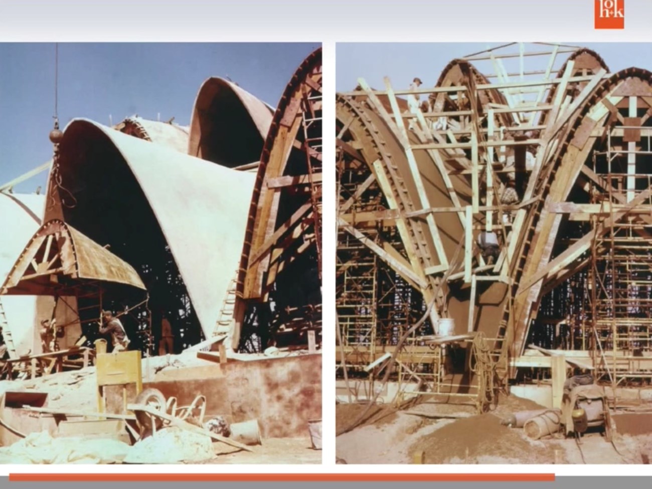 Wooden forms for the thin-shell concrete constructions of Priory Chapel. The four-piece forms were moved as concrete was poured, an innovation of contractor Paddy McCarthy.