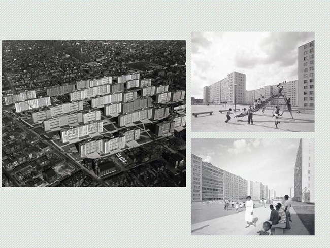 An aerial view of the dense european-style Pruitt-Igoe Public Housing.