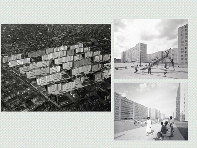 Pruitt-Igoe Public Housing. When the implosion started in 1972, Pruitt-Igoe came to associate St. Louis with a failed public housing experiment and moreover with the demise of European style modernism itself. An aerial view of the dense european-style Pruitt-Igoe Public Housing.