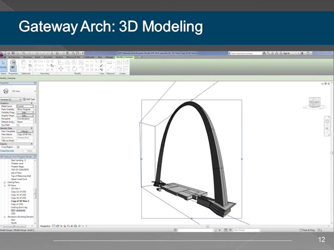 A side view of the Gateway Arch rendered in the Revit 2013 program.