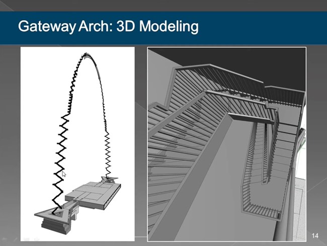 A model of the accordion staircase structure within the Gateway Arch.