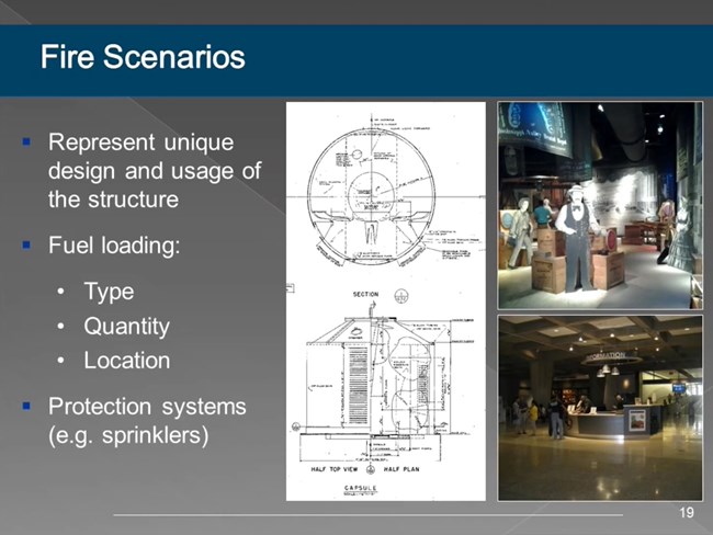 Represent design and use of structure, fuel loading (type, quantity, location), and protection systems (sprinklers, etc.)