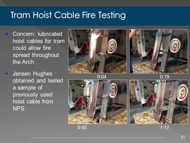 Tram Hoist Cable Fire Testing Concern: lubricated hoist cables for tram could allow fire to spread throughout the Arch, Jensen Hughes obtained and tested a sample of previously used hoist cable from NPS.