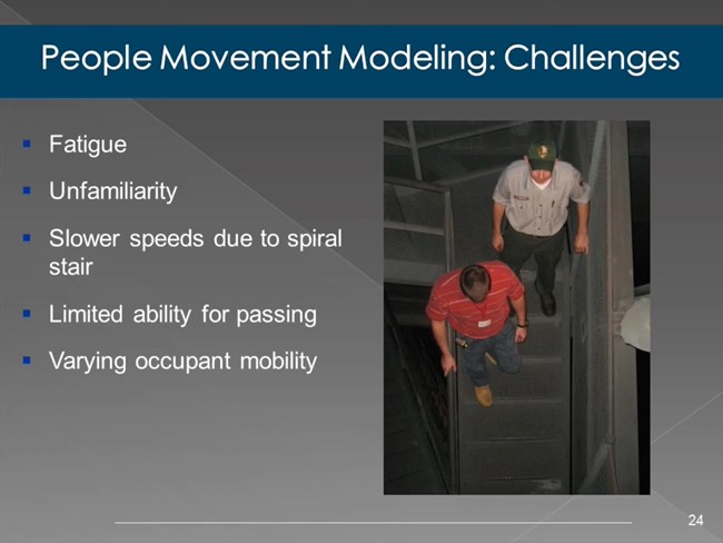 Fatigue, unfamiliarity, slower speeds due to spiral stair, limited ability for passing, varying occupant mobility