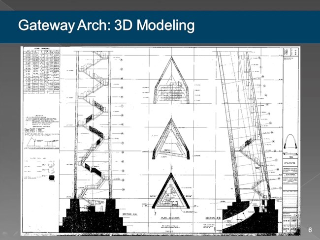 Drawn plans of the left, right, and other views of the Gateway Arch.