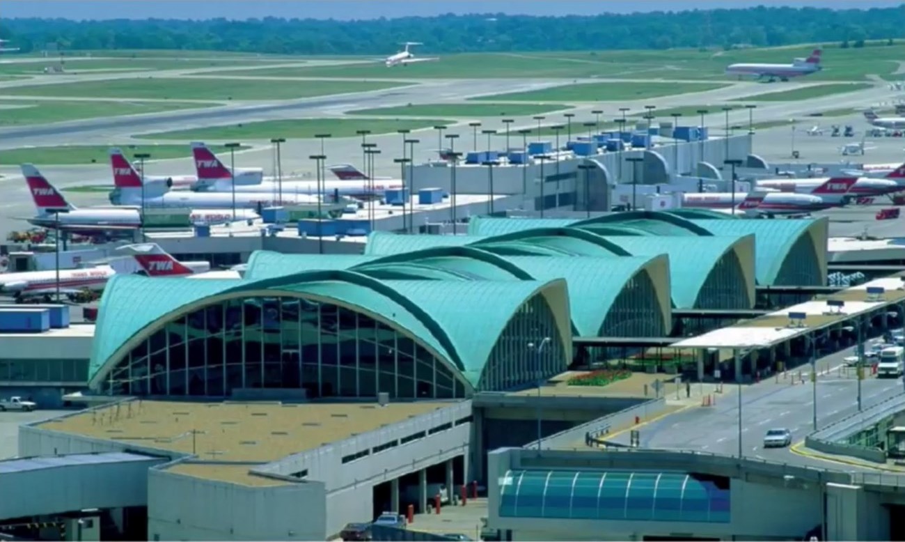 Lambert Field St. Louis International Airport. Four sweeping archways and a green copper roof.