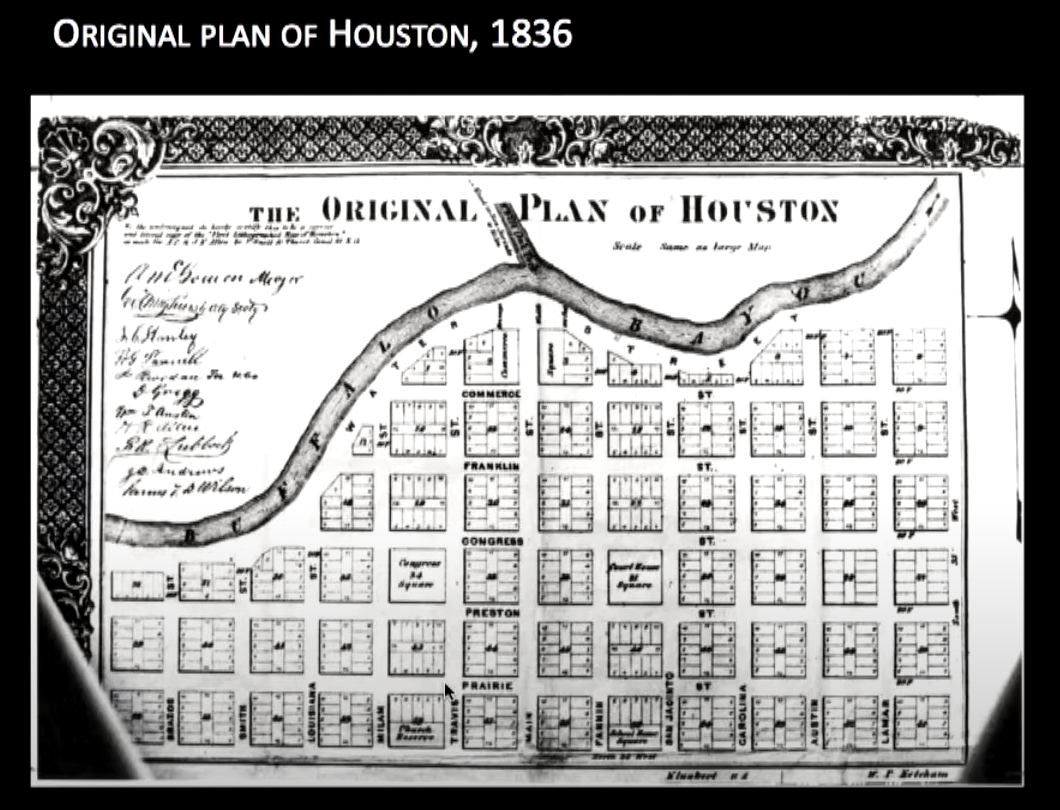 Original Plan of Houston, 1836 Original street plan of Houston with streets, blocks, and lots, following the waterfront riverbank.