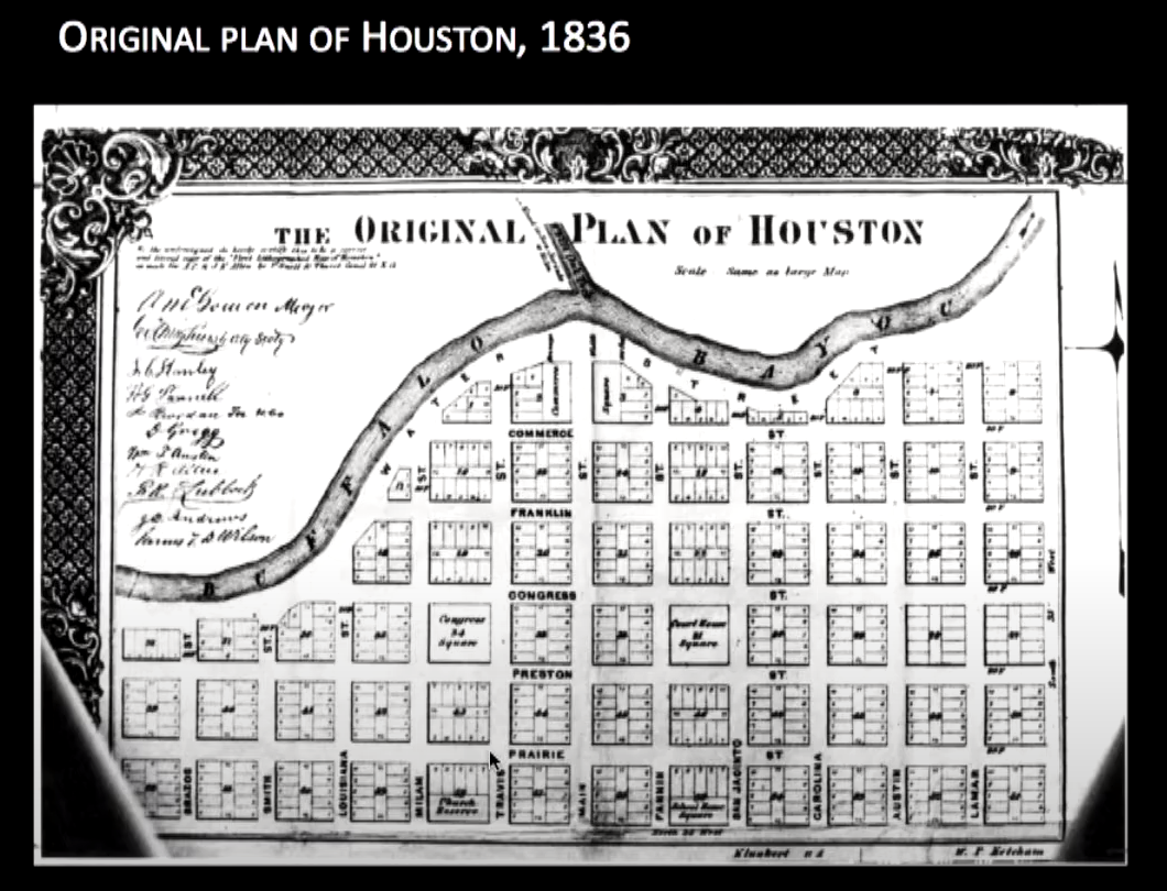 Original street plan of Houston with streets, blocks, and lots, following the waterfront riverbank.