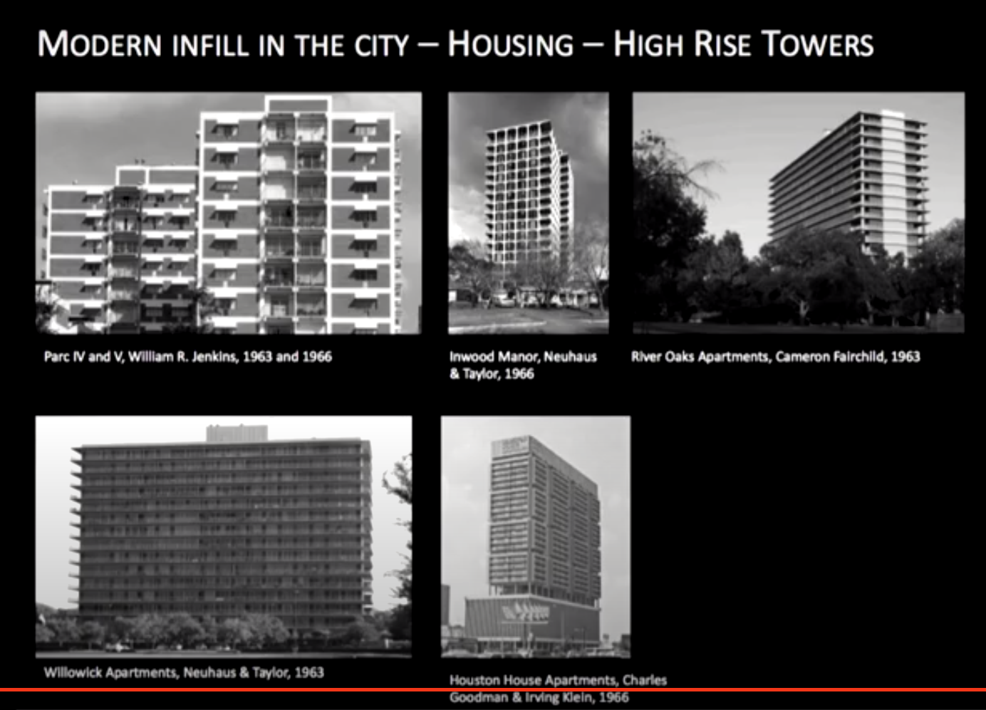 Photos of high rises: Parc IV and V (1963, 1966), Inwood Manor (1966), River Oak Apartments (1963).