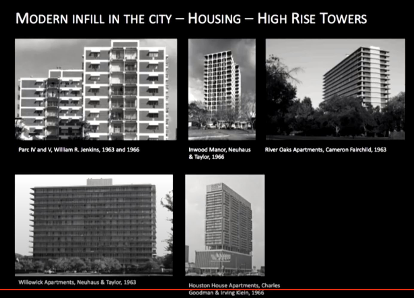 Modern infill in Houston, High Rise Towers. Photos of high rises: Parc IV and V (1963, 1966), Inwood Manor (1966), River Oak Apartments (1963).