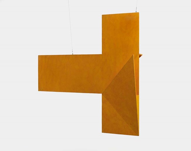 Hélio Oiticica (Brazilian, 1937-1980). Relevo espacial (c. 1960). Rectangular yellow wood piece suspended like an inverted capital T.