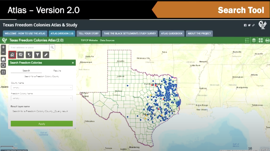 Texas Freedom Colonies Atlas (2.0): Map of Texas showing the locations of historic Freedom Colonies.