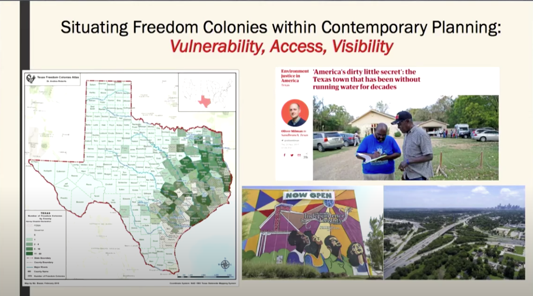 Texas Map w/Freedom Colonies; News clipping of black community w/o running water; mural at Independence Heights; a highway interchange.
