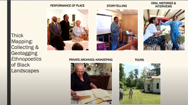 Thick Mapping: Collecting and geotagging Ethnopoetics of Black Landscapes Photo collage of people doing: performance of place, storytelling, oral histories, private archives, and tours.