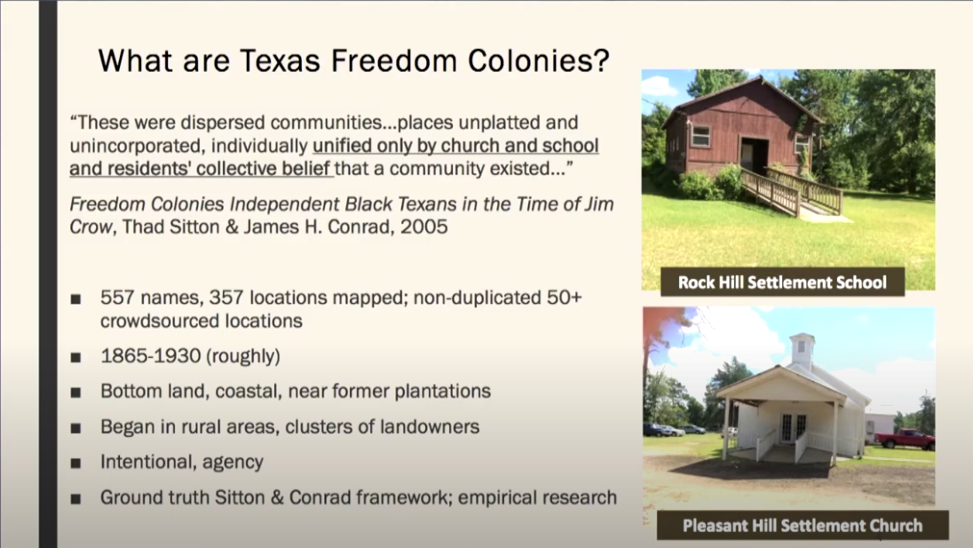 What are Texas Freedom Colonies? Photo of Rock Hill Settlement School, a barn-like schoolhouse with ramp, and small white wooden church. Slide text within article content.