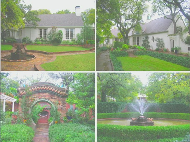 Four photos of the masonry paths through manicured gardens with water fountains and other features.