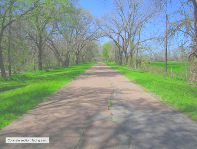 The Old Spanish Trail ran from San Augustine to San Diego, through San Antonio. Photo of a narrow concrete slab road heading east through woodland, scrub, and farms.