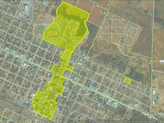 Childress Commercial District, a pilot project at the agency, working with our Main Street Program. Overhead map of a large contiguous city section and a discontiguous area.