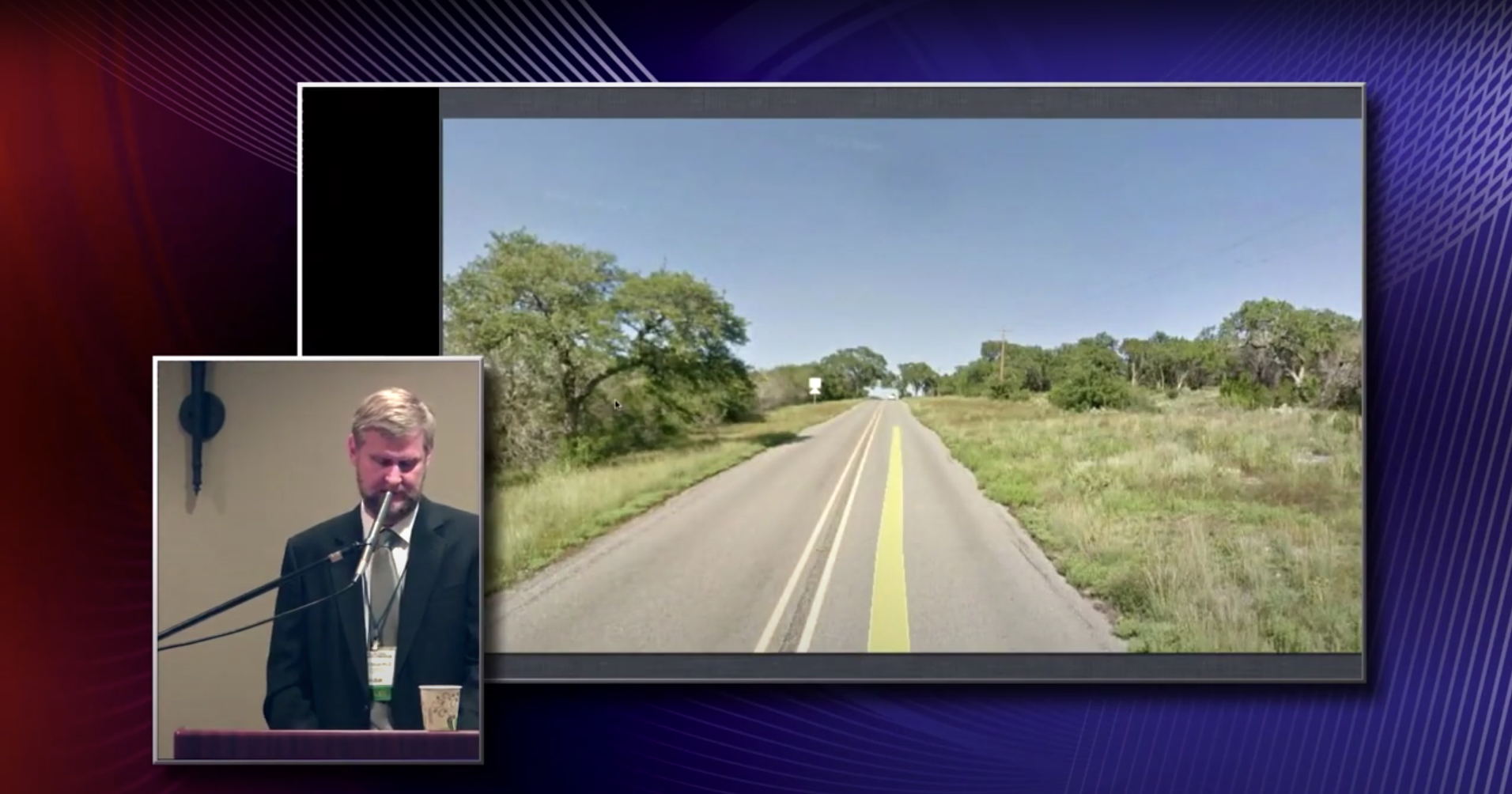 Michael Strutt, inset, and main photo: a rural Texas road through woodland.