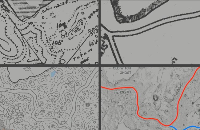 Comparison of four map drawings of the same location in the cavern, from 1924 to 2019, with the greatest level of detail recorded with Lidar in 2019.