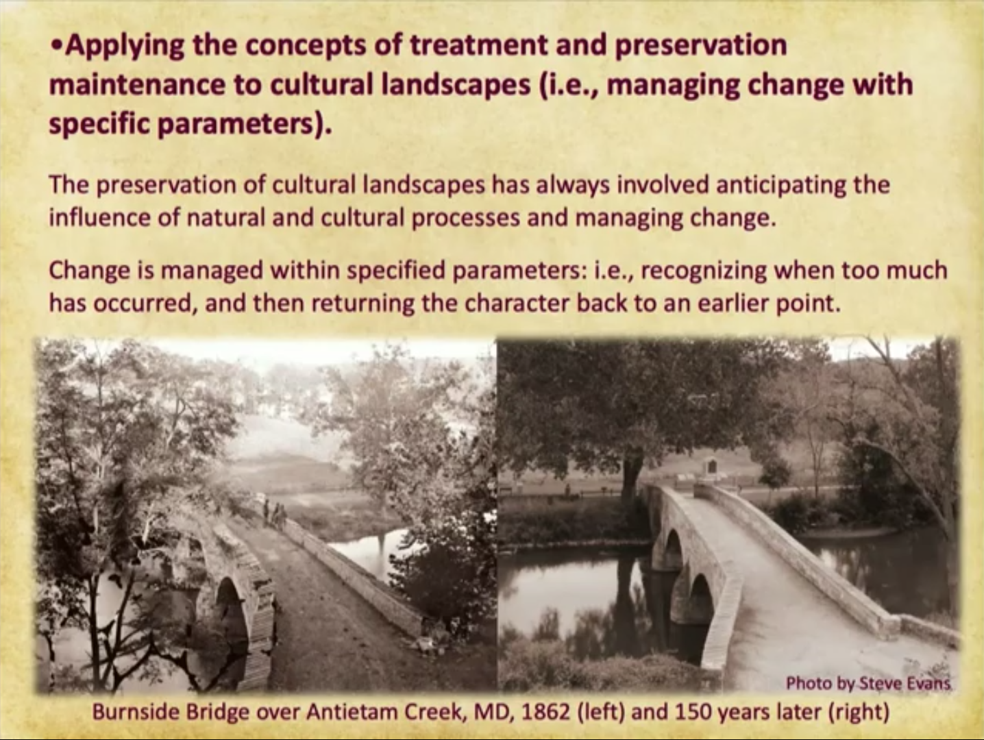 Burnside Bridge over Antietam Creek, MD, 1862 (left) and 150 years later (right).