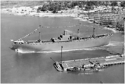 The SS Zebulon Baird Vance launched into Cape Fear, December 6, 1941. The ship appears to have just left the marina.