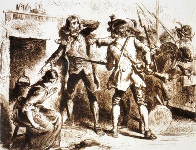 Soldier with musket, pointed at a man, who is pointing to a fireplace, with other civilians looking on.