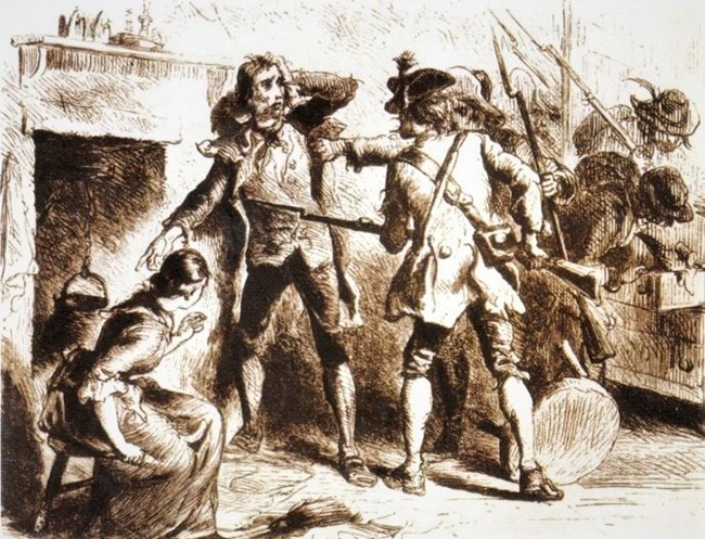 neutralgroundfromthespy Soldier with musket, pointed at a man, who is pointing to a fireplace, with other civilians looking on.