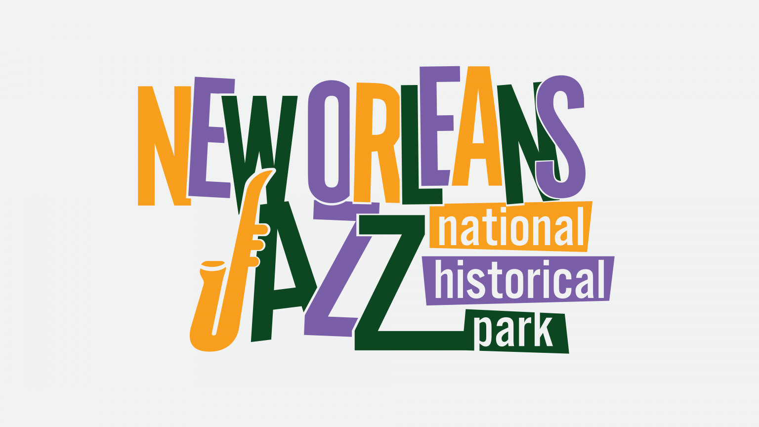 image of a logo with the words New Orleans National Historical Park in purple, yellow and green lettering, and the J is a saxophone