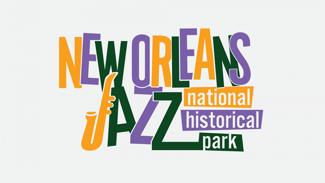new jazz logo manuel image of a logo with the words New Orleans National Historical Park in purple, yellow and green lettering, and the J is a saxophone