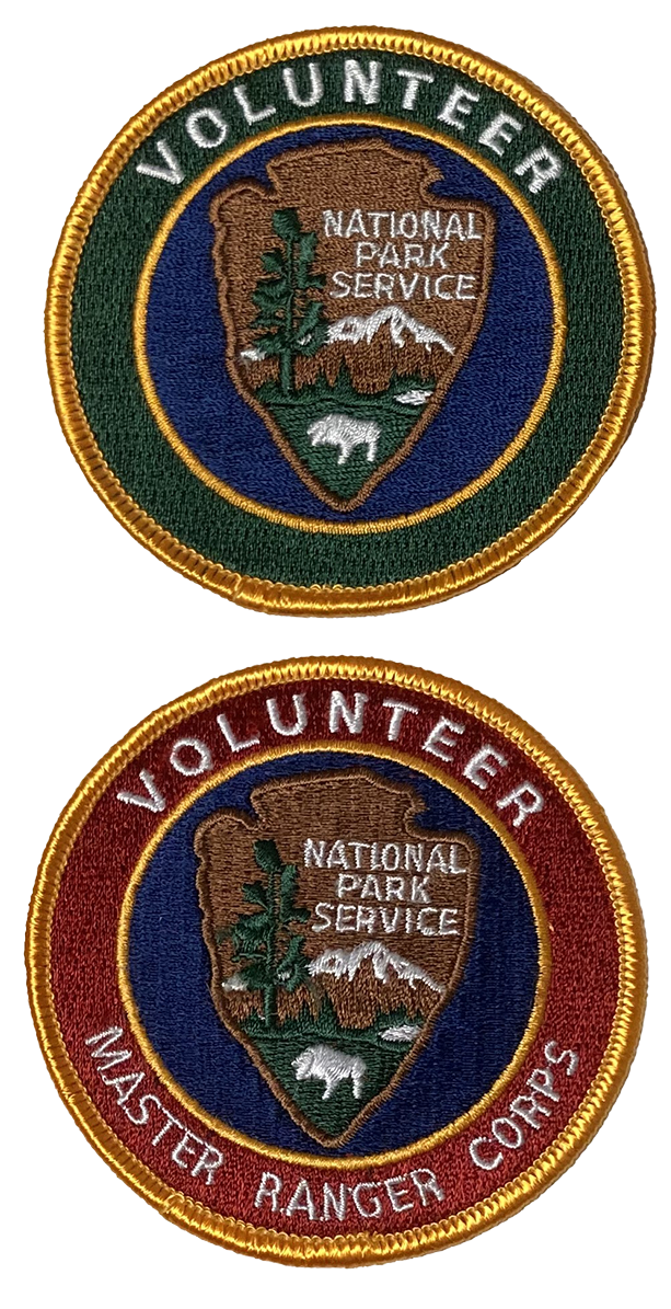 New volunteer patches Two volunteer patches, one with blue border and one with red