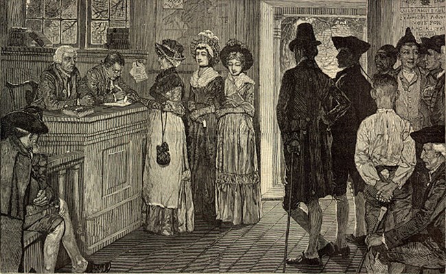 Drawing of a group of women approaching a counter
