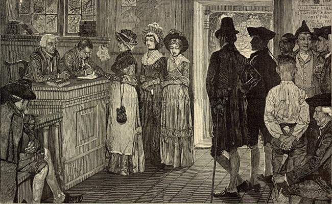 nj-women-at-polls Harpers Weekly 1880 Drawing of a group of women approaching a counter
