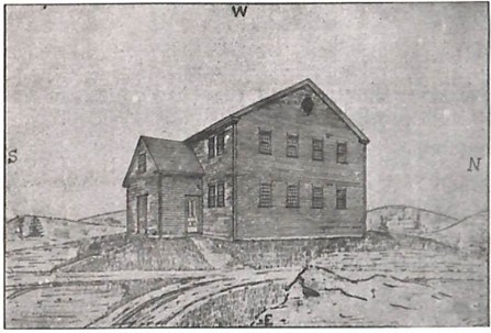 A black and white sketch of a small house with hills in the background