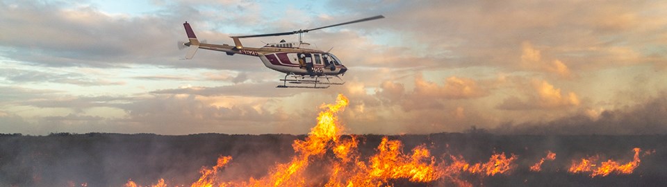 A helicopter flies low over a wide expanse of grass on fire. A helicopter flies low over a wide expanse of grass on fire.