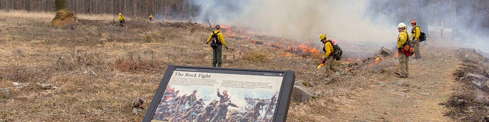 Prescribed fire at Manassas National Battlefield Park A wayside exhibit and firefighters using driptorches to ignite vegetation.