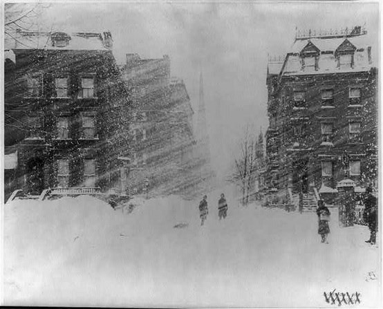 buildings that are blurry because of snow falling in front of them